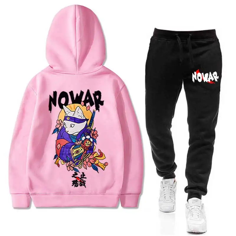 Розовый Японские NOWAR CAT мужские комплекты толстовка+ брюки Harajuku Тигр спортивные костюмы повседневные толстовки спортивный костюм спортивная одежда - Цвет: Розовый