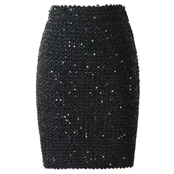 

Sexy Women Solid Color Elastic High Waist Sequins Patchwork Bodycon Mini Skirt