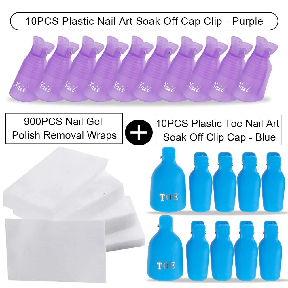 20PCS Plastic Fingers And Toes Nail Art Soak Off Cap Clip And 900PCS Cleanser Nail Gel Polish Removal Wraps Remove Tool Nail Tip - Цвет: Blue Toe Purple Hd