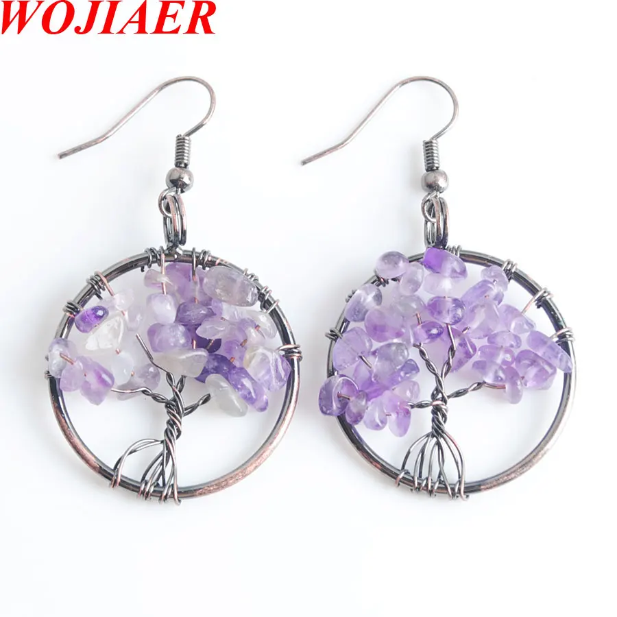 

WOJIAER Drop Earrings for Women Round Tree of Life Ear Drop Natural Stone Chip Beads 7 Chakra Reiki Healing Jewelry PBR801