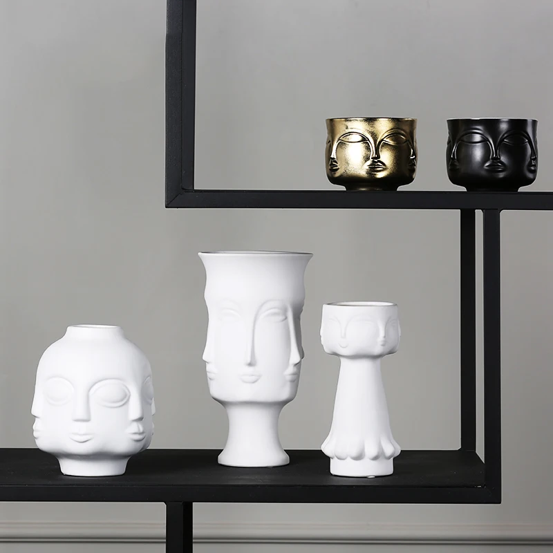 White Ceramic Vase with Nordic Art Creative Face Home Living Room Study with Decorative Dried Flower Vase Farmhouse Home Decor
