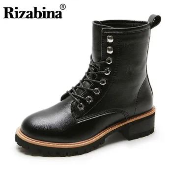 

RIZABINA Genuine Leather Women Ankle Boots Round Toe Lace Up Square Heels Shoes Autumn Winter Leisure Women Footwear Size 35-39