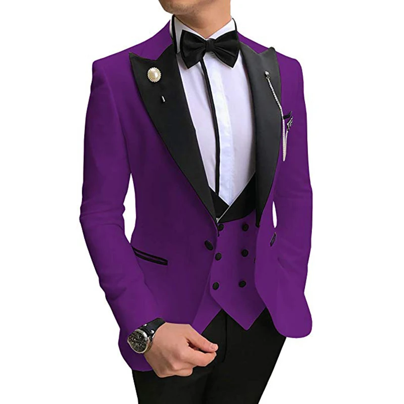 Темный цвет Aesido Повседневное Для мужчин костюмы Slim Fit 3 предмета лацкан с тупым углом; Выходные туфли на выпускной смокинги для женихов Для мужчин для свадьбы(пиджак+ жилет+ брюки