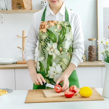 

Cooking Apron Summer Tropical Palm Leaves Bib Apron Kitchen Women Aprons with Pocket Adjustable Neck Waist Ties