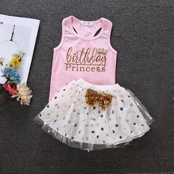 

2020 Summer Children Sets Fashion Sleeveless O Neck Letter Tops Gold Bow Dot Mesh Skirt Casual 2Pcs Girls Clothes Sets 1-7T