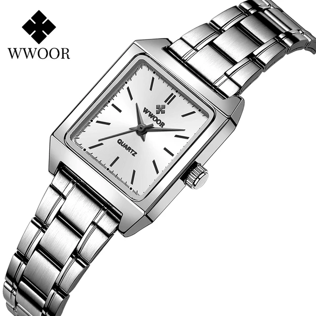 WWOOR Casual Square Women Watches Ultra Thin Small Female Quartz Watch Full Stainless Steel Ladies Wrist Waches Relogio Feminino white