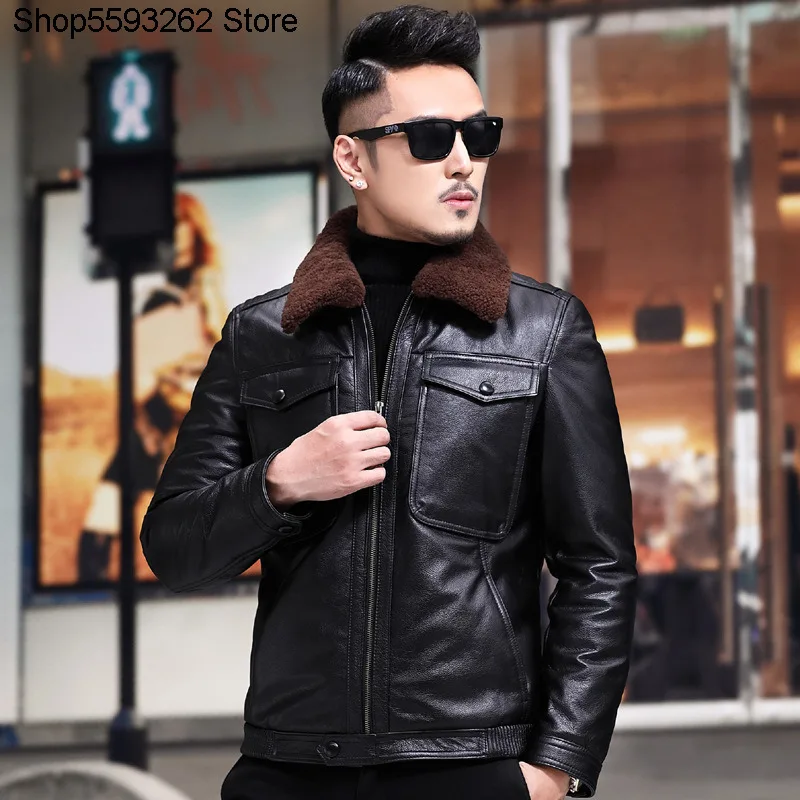 

Genuine Leather Leather Coat Men Head Layer Cowhide Genuine Leather Down Jacket Short Tender Winter Season Keep Warm Locomotive