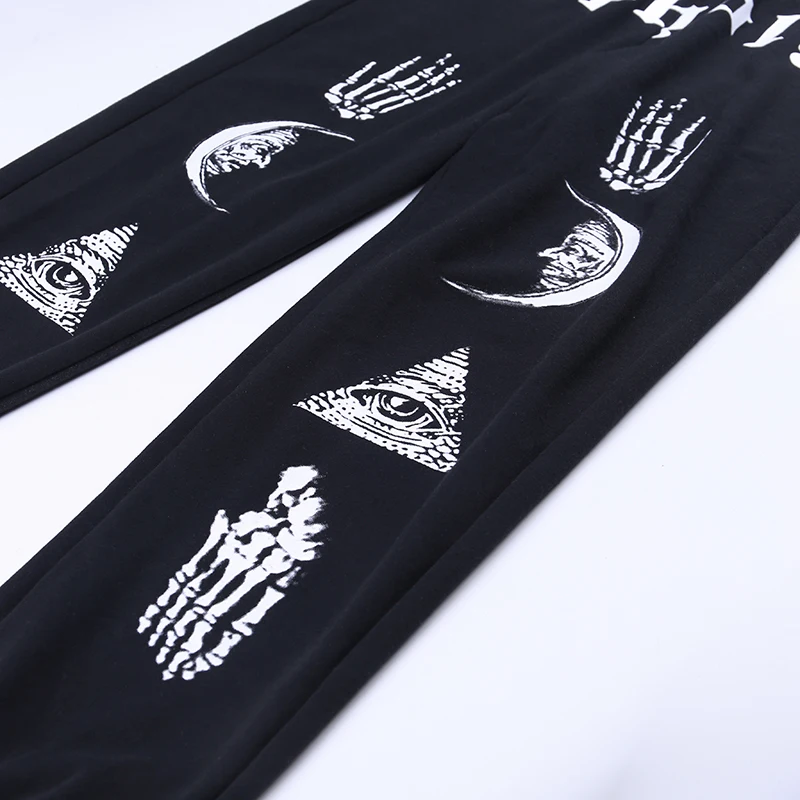 InstaHot/черные готические панк-леггинсы с завязками, брюки с принтом, повседневные хлопковые зауженные брюки Harajuku с черепами, женские осенние брюки