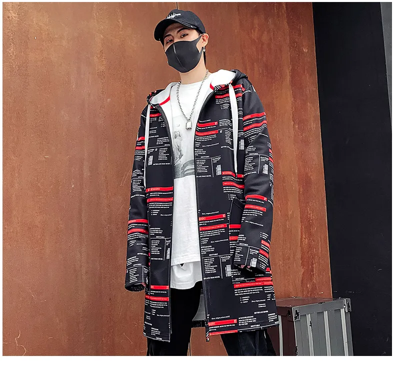 2021 Autumn Men Hooded Jackets Print Harajuku Windbreaker Ribbon Overcoat Male Casual Outwear Hip Hop Streetwear Coats LBZ155 cotton jacket