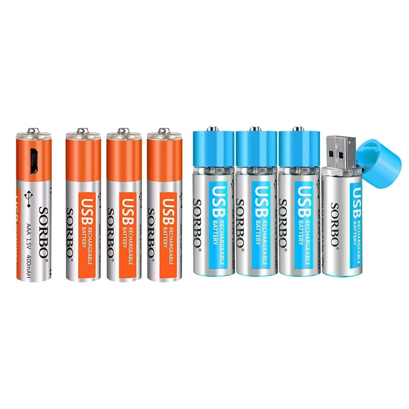 8x USB перезаряжаемые AAA/AA литиевые батареи-Micro-usb зарядный порт, 1,5 В/400 мАч/1,5 В/1200 мАч, Предварительно заряженный, 1000 цикл