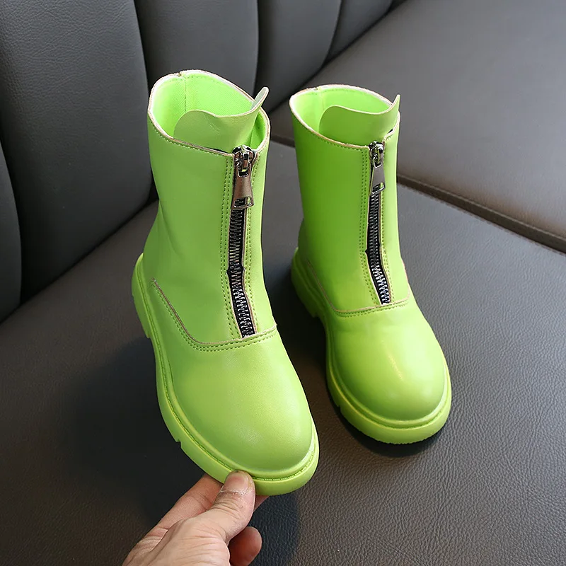 Для детей; для мальчиков и девочек зимние сапоги martin ярких цветов; для мальчиков и девочек; ботинки до середины икры зимние ботинки для детей в римском стиле, с круглым носком, ботинки для детей - Цвет: Зеленый