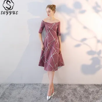 

Skyyue Cocktail Dress Boat Neck Off Shoulder Vestido De Coctel Half Sleeve A-Line Tea-Length Robe Cocktail Gown LX354