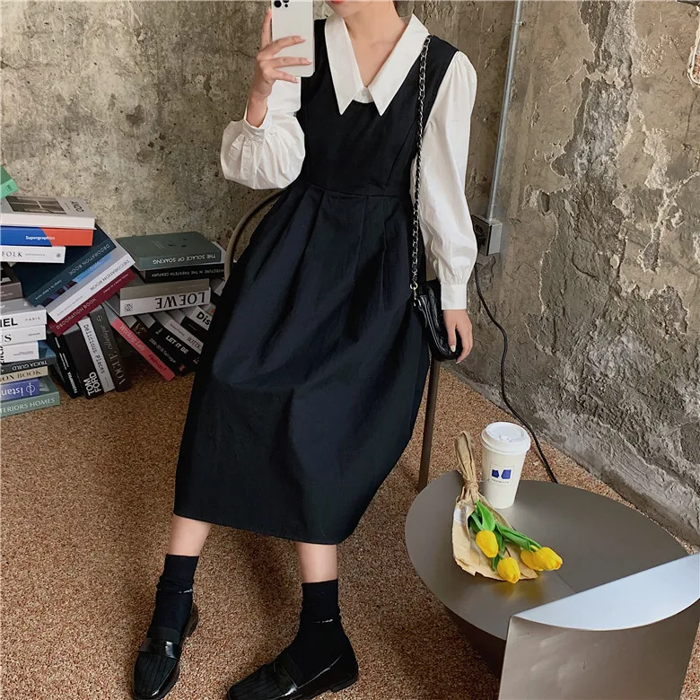 Ladies Dress Set 2023 Fall Elegant Temperament Fashion College Style Casual Sling Strap Dress Puff Sleeve Shirt Japanese two piece set for women 2023 new autumn elagant ladies office plaid print slit square neck sling dress