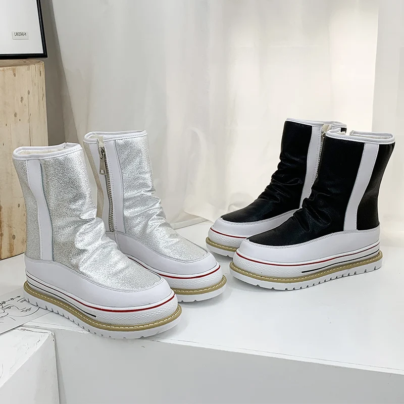 

2019 New Silver Leather Winter Boots Women Shoes Soft Warm Plush Snow Boots Round Toe Comfort Zipper Ankle Platform Boot Fashion