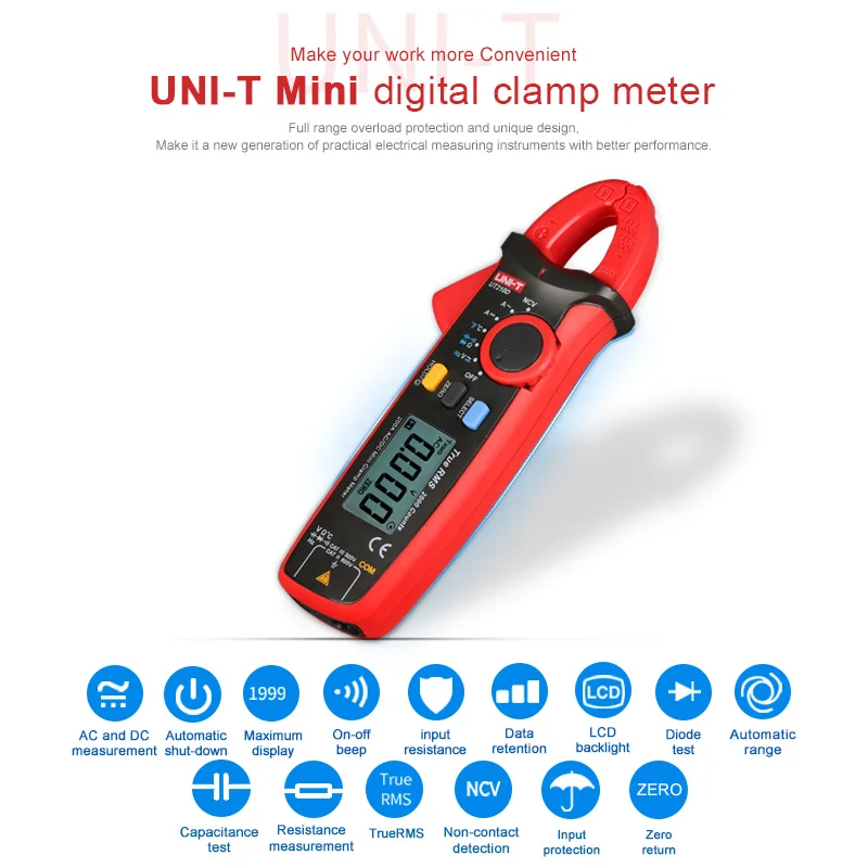 UT210E True RMS мини Цифровые токоизмерительные клещи переменный/постоянный ток