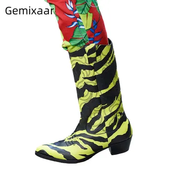 

Walking Winter Boots Women Zebra Print Bottes Point Toe Chunky Med Heel Botas Bling Color Sewing Shoes Mid-calf Leather Boots