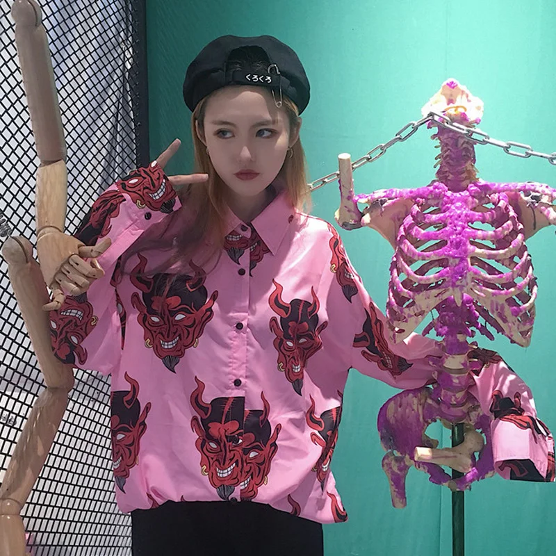 Harajuku рубашка blusas женский ulzzang с длинным рукавом женская блузка весна осень свободные Готический дьявол принт блузки корейские женские топы