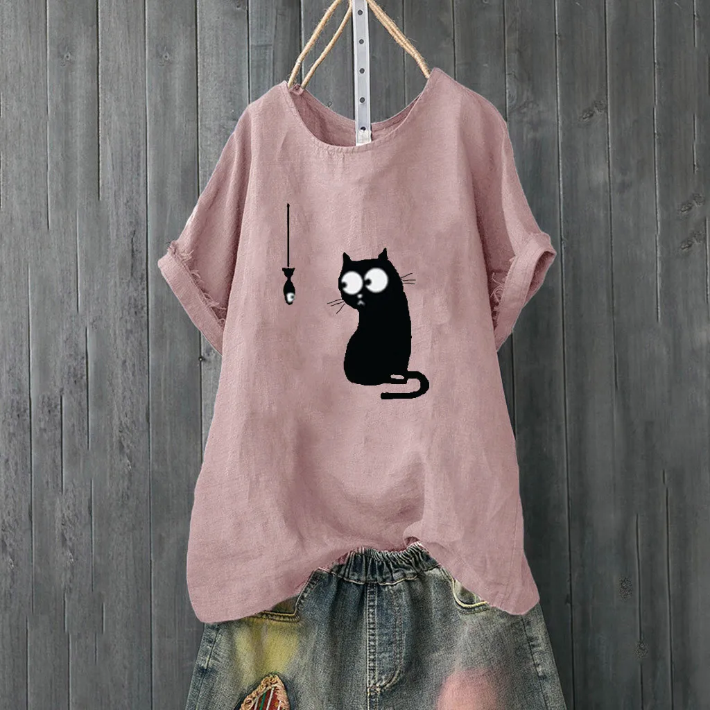 10# Женская свободная футболка с принтом кота Плюс Размер Повседневная пляжная винтажная забавная рубашка Топы хлопковые топы для дам Бохо одежда