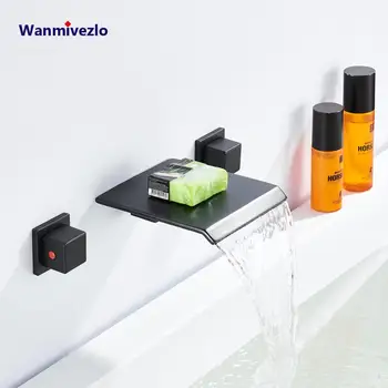 

Widespread Waterfall Bathtub Faucet Deck Mounted Tub Sink Mixer Dual Handle Cold Hot Water Spout Tap Matte Black Bathroom Faucet