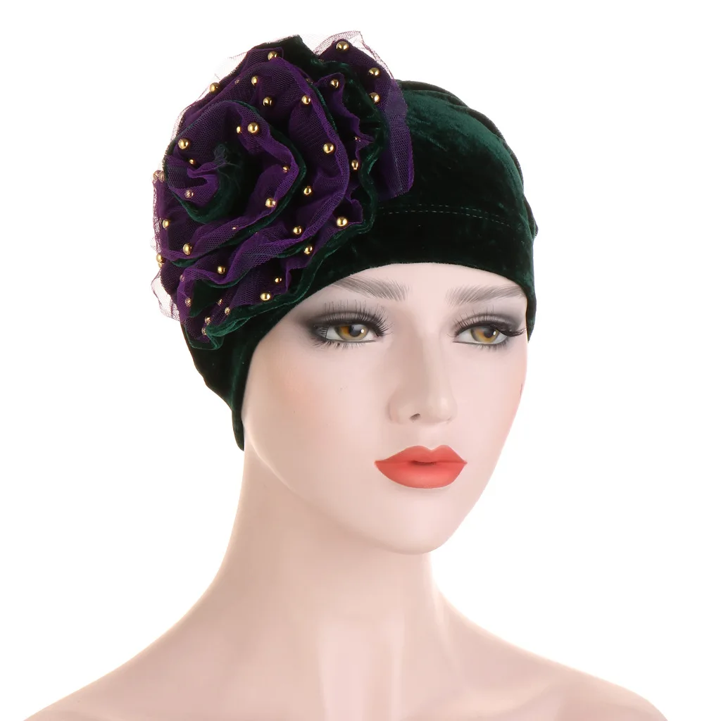 

New Gold Velvet Beaded Flower Turban Hat Women Mesh Edging Flower Bandanas Cancer Chemo Beanies Skull Headscarf Cap Headwear