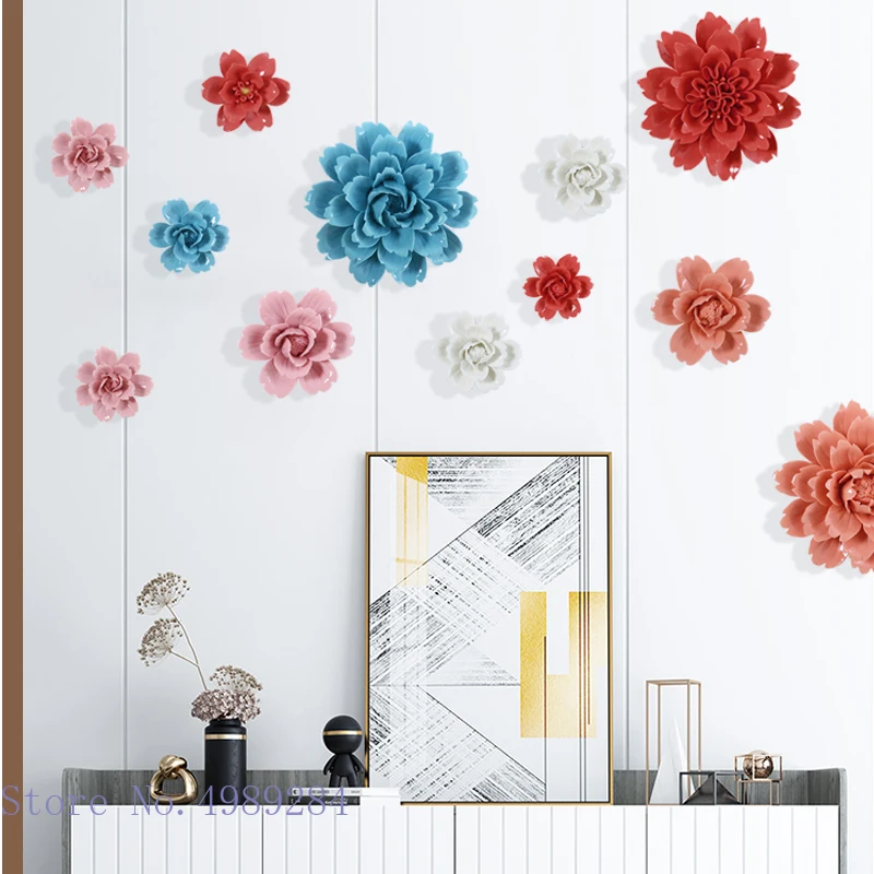 Creative Ceramic Flowers Peony Background Wall Hanging Decoration 3D Relief Handmade Ceramic Crafts Living Room Background Wall 2