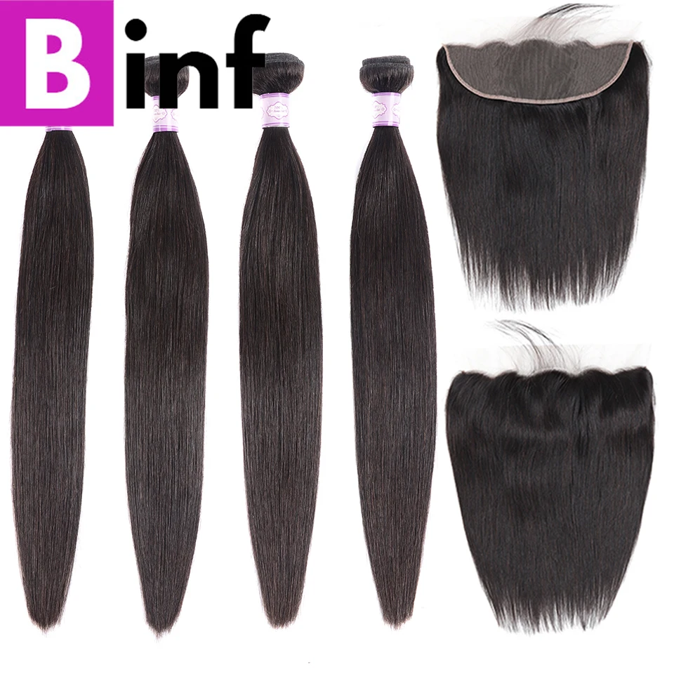 

BIN Indian Straight Hair 4 Bundles With 13*4 Ear To Ear Baby Hair Lace Frontal Closure Non Remy For Black Women Color 1B