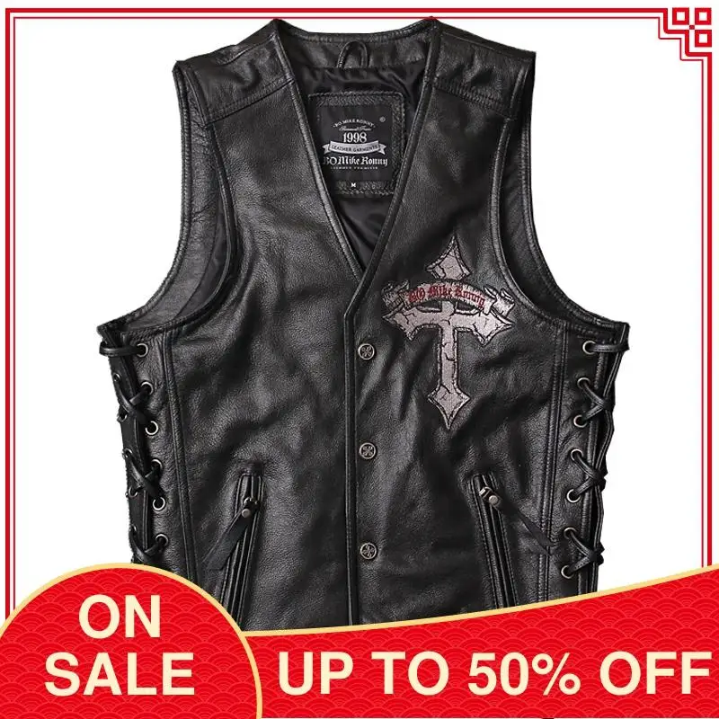 2021 черный мужской мотоциклетный жилет из натуральной кожи с вышитым черепом