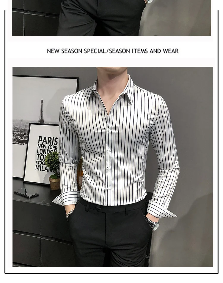 short sleeve button up shirt 2021 Spring Men's Striped Shirt Long Sleeve Slim Fit Streetwear Casual Shirts Business Dress Social Party Blouse Chemise Homme men's short sleeve dress shirts