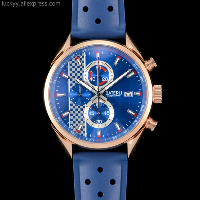 

Brand Luxury Mens watches blue dial chronograph VK quartz watch steel rose gold case male analog clock rubber strap A172