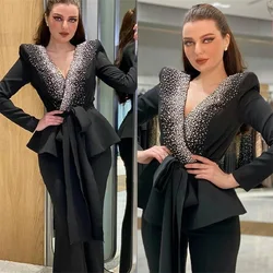 As mulheres pretas de luxo ternos cristal frisado decote em v profundo com jaqueta de cinto feito sob encomenda mais tamanho alargamento calças vestido de festa