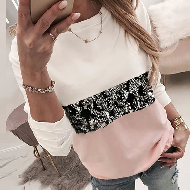Online Frauen Pailletten Lippen Druck Modische Sweatshirt Herbst Leopard Langarm Perlen Hoodie Dame Oansatz Kawaii Sweatshirt Hoodies