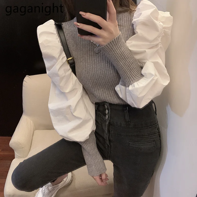 Gaganight Fashion Patchwork Women Sweater Spring Autumn Lady Korean Pullover Puff Long Sleeve Sweaters Casual Loose Pull Femme | Женская