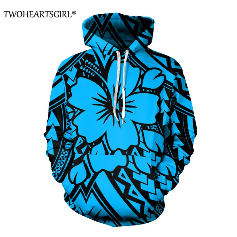 

Twoheartsgirl Hawaiian Polynesian Tribal Hibiscus Ladies Hoodies Blue Long Sleeve Plus Size Sweatshirt for Women Fashion Tops