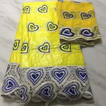 

Yellow African fabric african tissu bazin riche getzner with beads brode getzner with 2 yards french net lace for party dress