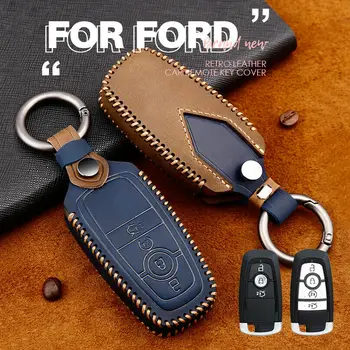 

Retro Genuine Leather Car Key Fob Shell Holder Cover Case With Keychain For Ford Fusion Mustang F150 F250