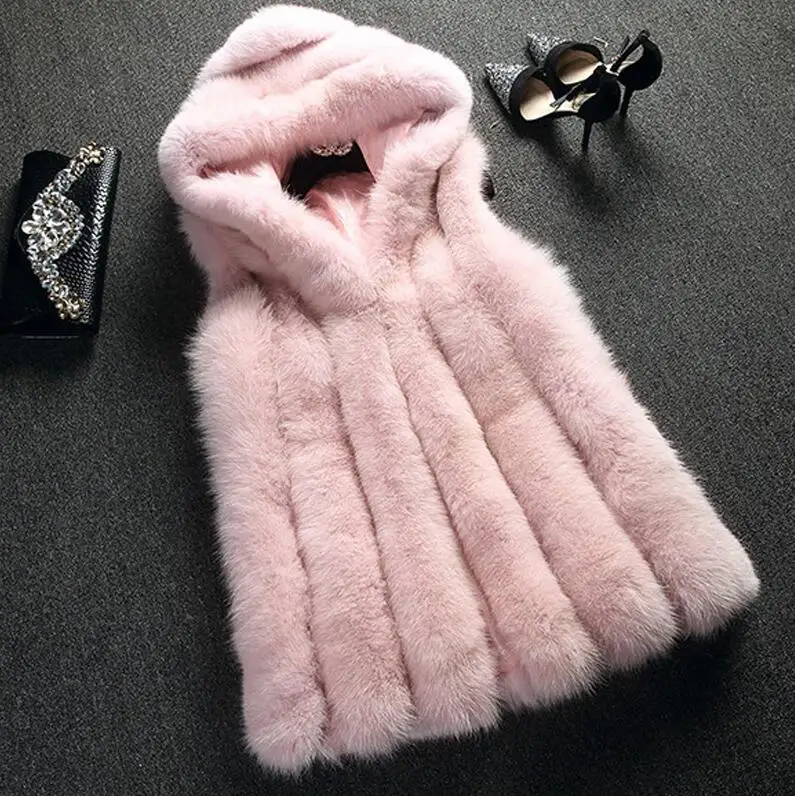 New Fur Vest Faux Fox Fur Coat Hooded Vest Vertical Stripe Medium-long Vest Women Winter Coat Outwear Casaco Feminino - Color: pink
