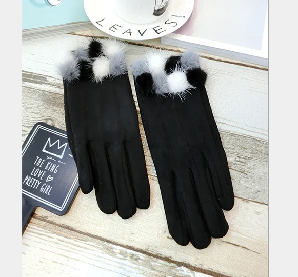Модные женские замшевые бархатные норковые меховые перчатки, зимние теплые перчатки для вождения, Женские варежки для вождения, японский стиль Agl353 - Цвет: Black