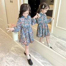 Г., осенне-зимняя одежда синее шифоновое платье с длинными рукавами винтажное платье с оборками и принтом для маленьких девочек возрастом от 2 до 7 лет платья для девочек