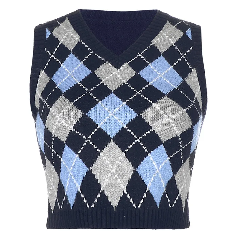 

Argyle Plaid Preppy Style y2k Knitting Sweater Vest Women Streetwear Retro Tank Top Autumn Fashion 90s Knitwear Harajuku