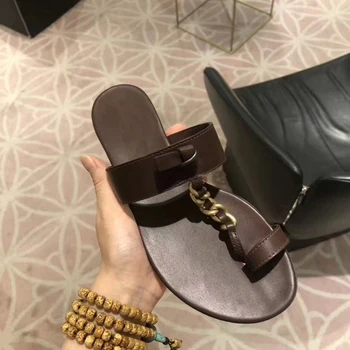 

Fashion Chain Shoes Women Slippers Summer Sexy High Quality Leather Flip-flops Luxury Travel Slides Flat Sandals Vacation Slippe