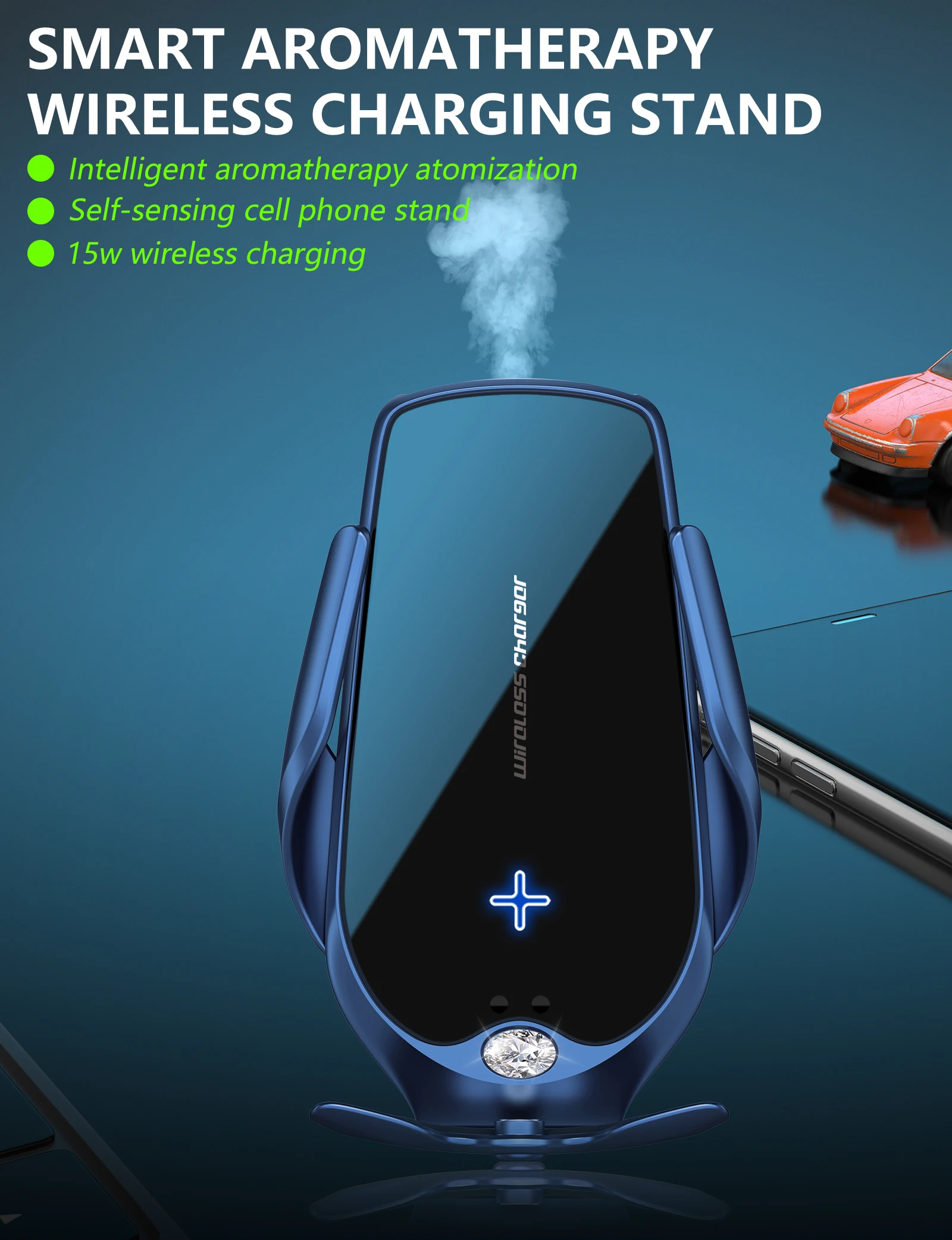 

Car Phone Holder With 15W Wireless Charger For All Mobile Phones Magnetic Connector USB Infrared Sensor Aromatherapy