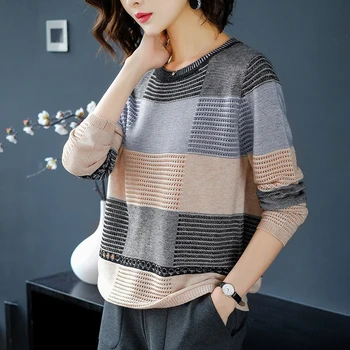

2020 Women's Spring Autumn Sweater Striped Slim Short Jumpers Long Sleeeve o Neck Knitted Casual Female Pullovers Ladies Tops