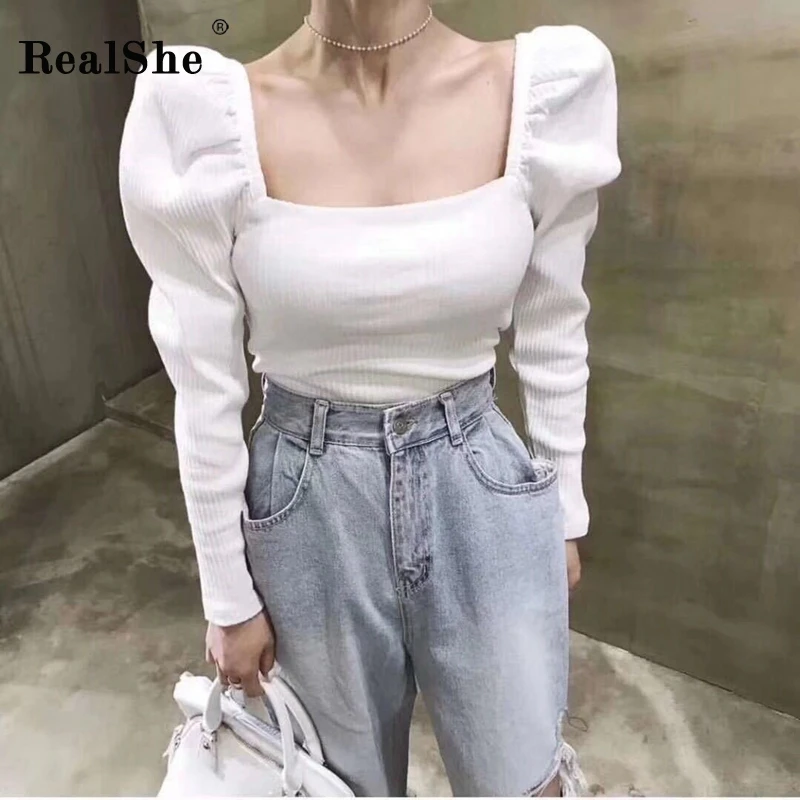 RealShe/Женские топы и блузки с квадратным воротником длинным пышным рукавом