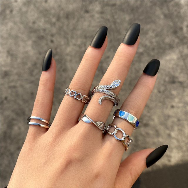 Silver Vintage Skeleton Ring Set Gothic Punk Chain Butterfly Crying Face Skull Rings For Women Couple Fashion Jewelry
