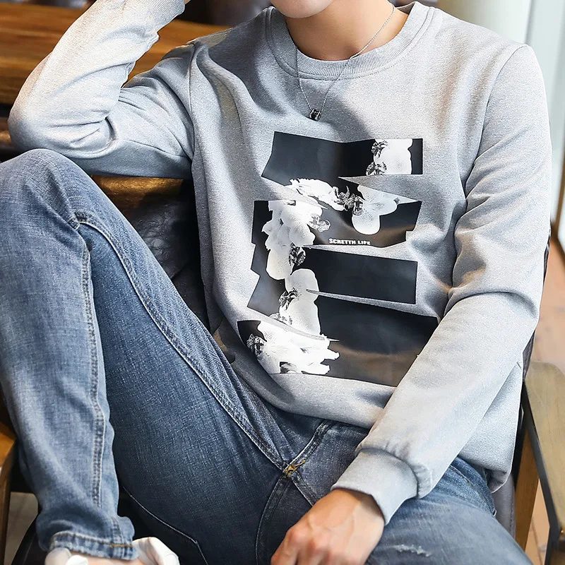 

Men Casual Streetwear Fashion harajuku Style Pattern Printed Sweatshirt solid color Pullover Men Side Buckle Ribbon Casual
