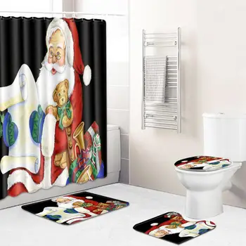 

LanLan 4Pcs/Set Christmas Series Bathroom Shower Curtain Toilet Cover Mat Non Slip Rug Set