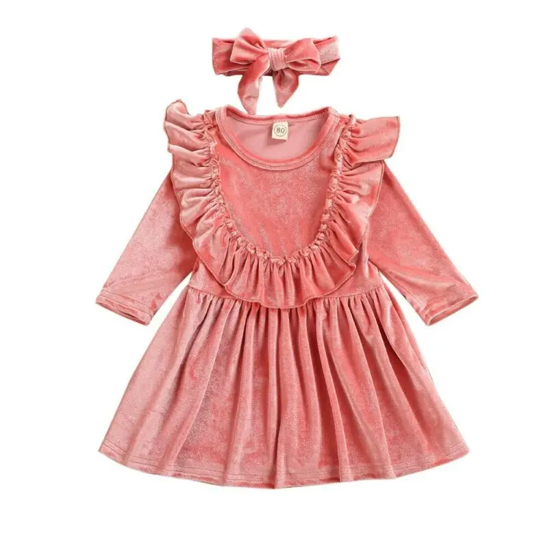 

Emmababy Velvet Baby Girl Clothes Toddler Kids Dresses Headband Outfit Sets Tracksuit Long Sleeves Causal Princess Clothing 2pcs