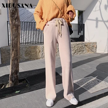 

XIBUSANA Corduroy Wide-leg Pants Women's High-waist Drape Female Long Straight Pants 2020 Autumn Solid Color Lace Up Loose Pants