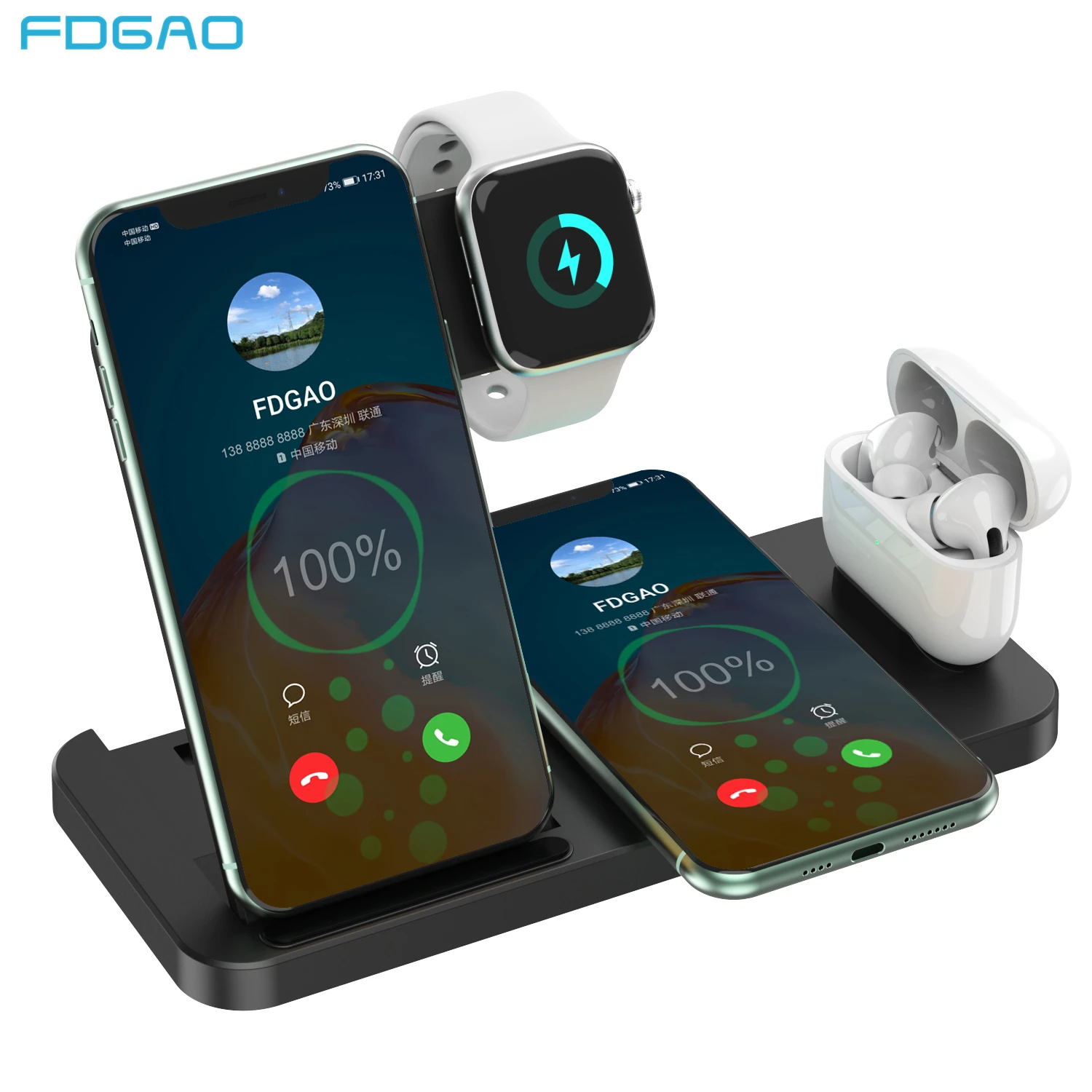 FDGAO 15W Wireless Charger 4 in 1 Qi Fast Charging Dock Station for Apple Watch 6 SE 5 4 3 2 AirPods Pro iPhone 12 11 XS XR X 8