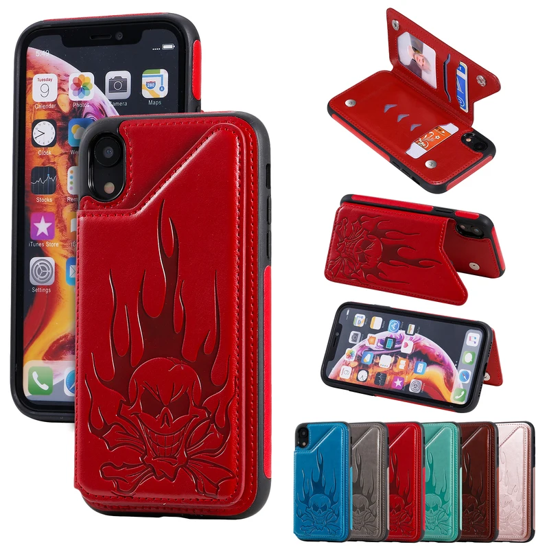 

Soft TPU phone for iPhone X XS Plus XR case Multifunction Card slot Stand for iPhone XS Msx Case Cover 3D Skull Leather Cover